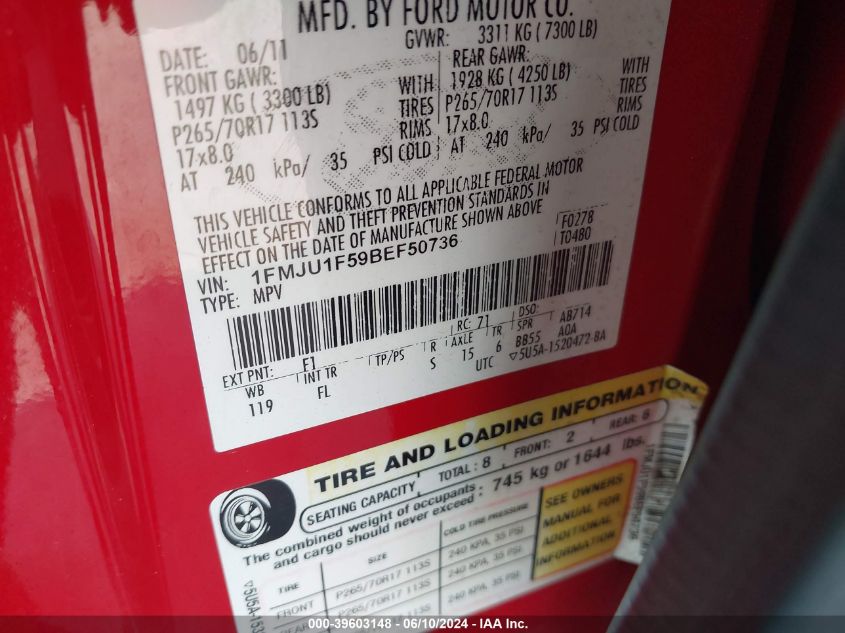2011 Ford Expedition Xl VIN: 1FMJU1F59BEF50736 Lot: 39603148