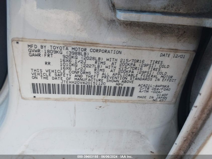 2002 Toyota Rav4 VIN: JTEHH20V420151120 Lot: 39603185