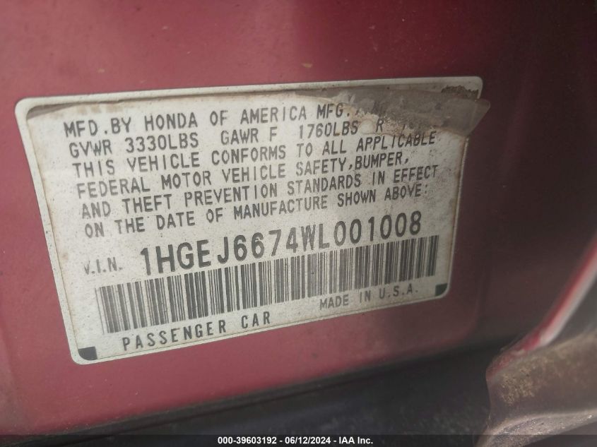 1998 Honda Civic Lx VIN: 1HGEJ6674WL001008 Lot: 39603192