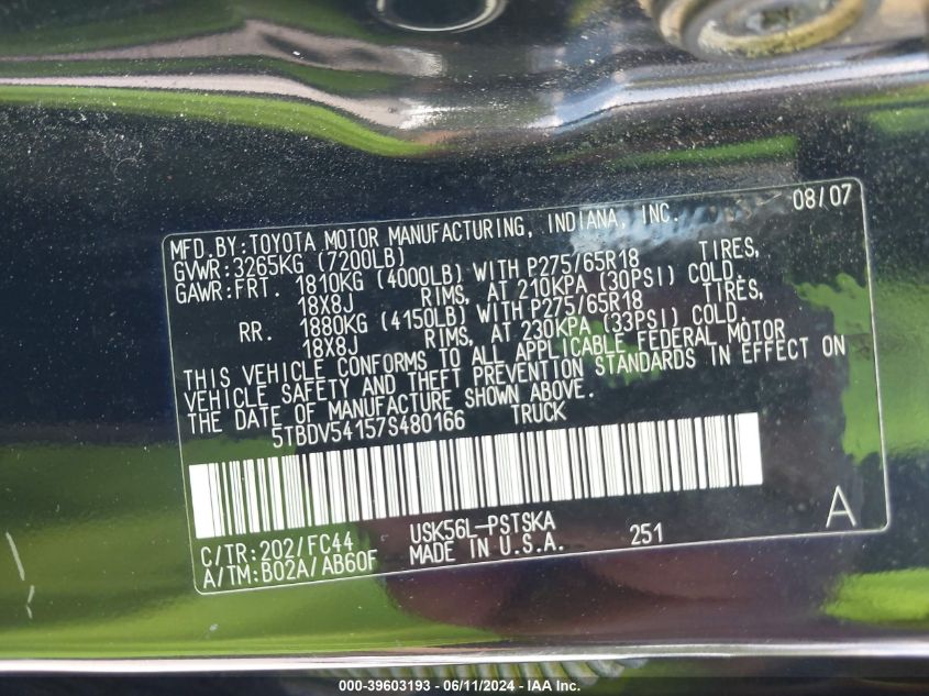 2007 Toyota Tundra Sr5 5.7L V8 VIN: 5TBDV54157S480166 Lot: 39603193