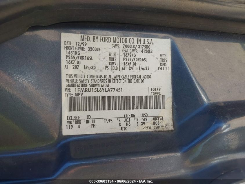 2000 Ford Expedition Xlt VIN: 1FMRU15L6YLA77451 Lot: 39603194