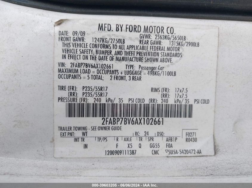 2010 Ford Crown Victoria Police/Police Interceptor VIN: 2FABP7BV6AX102661 Lot: 39603205