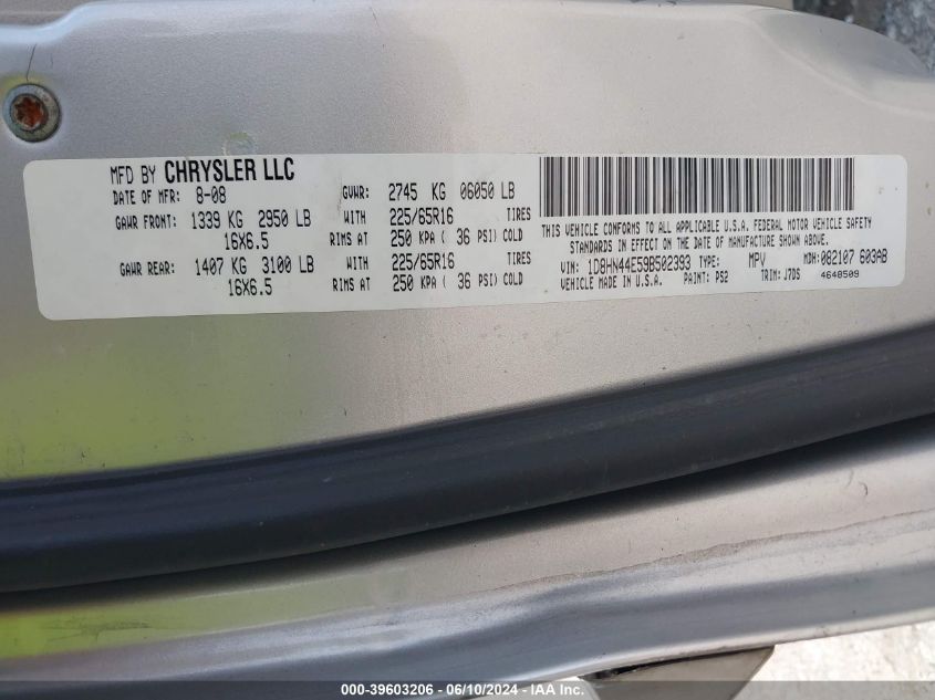 2009 Dodge Grand Caravan Se VIN: 1D8HN44E59B502393 Lot: 39603206