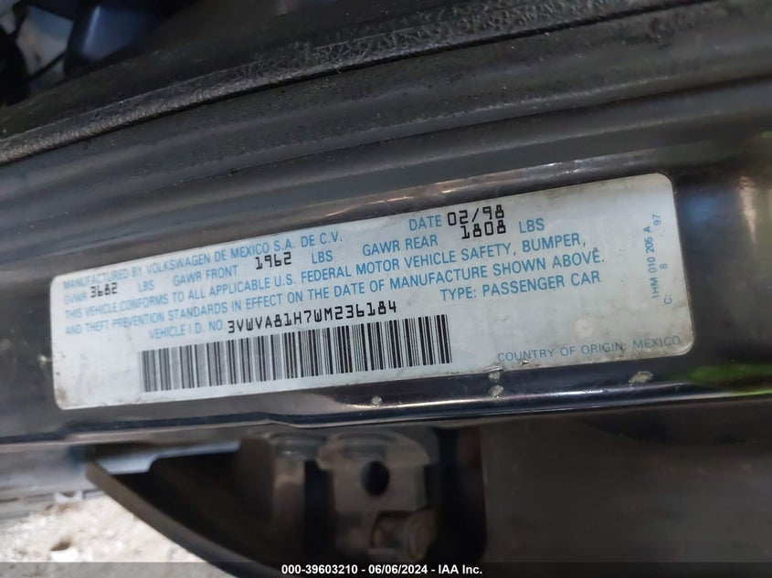 1998 Volkswagen Jetta Gt VIN: 3VWVA81H7WM236184 Lot: 39603210