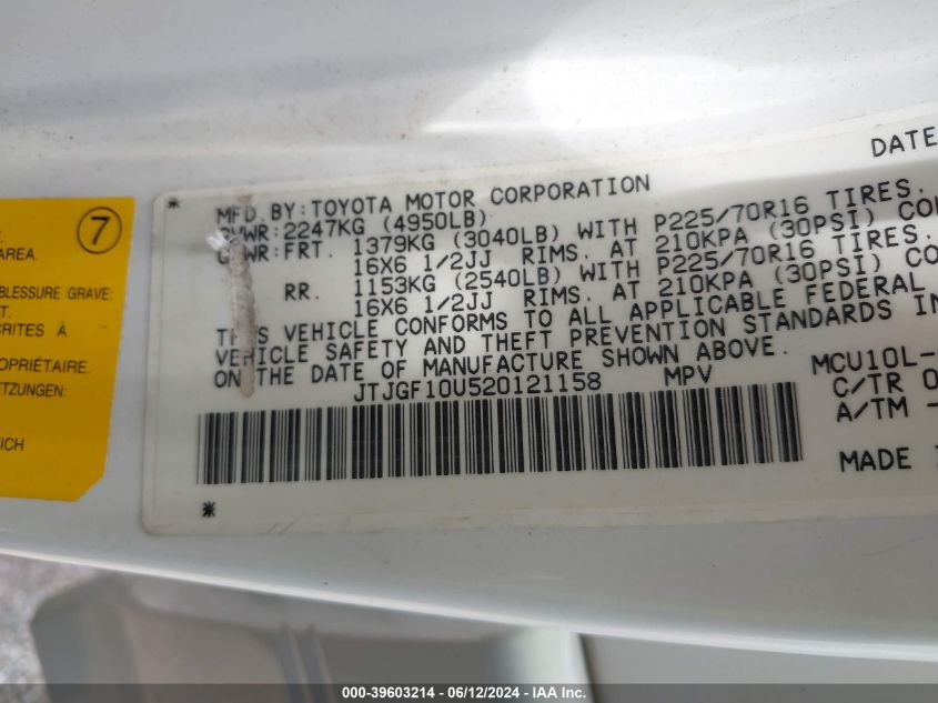 2002 Lexus Rx 300 VIN: JTJGF10U520121158 Lot: 39603214