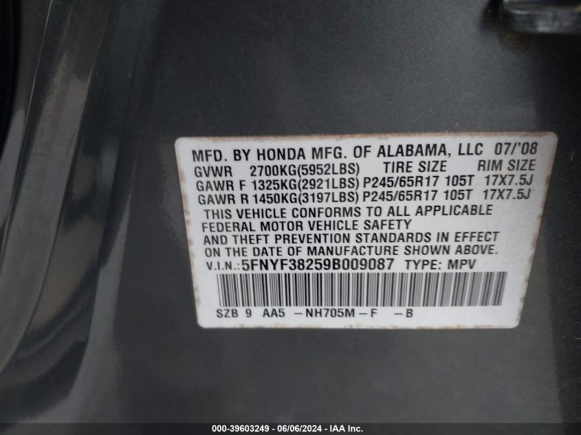 2009 Honda Pilot Lx VIN: 5FNYF38259B009087 Lot: 39603249