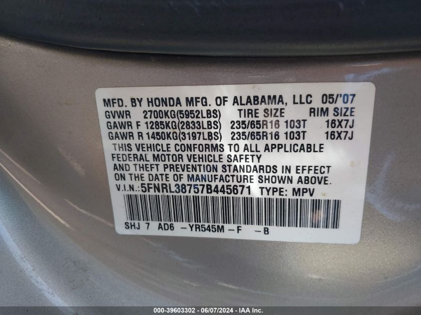 2007 Honda Odyssey Ex-L VIN: 5FNRL38757B445671 Lot: 39603302