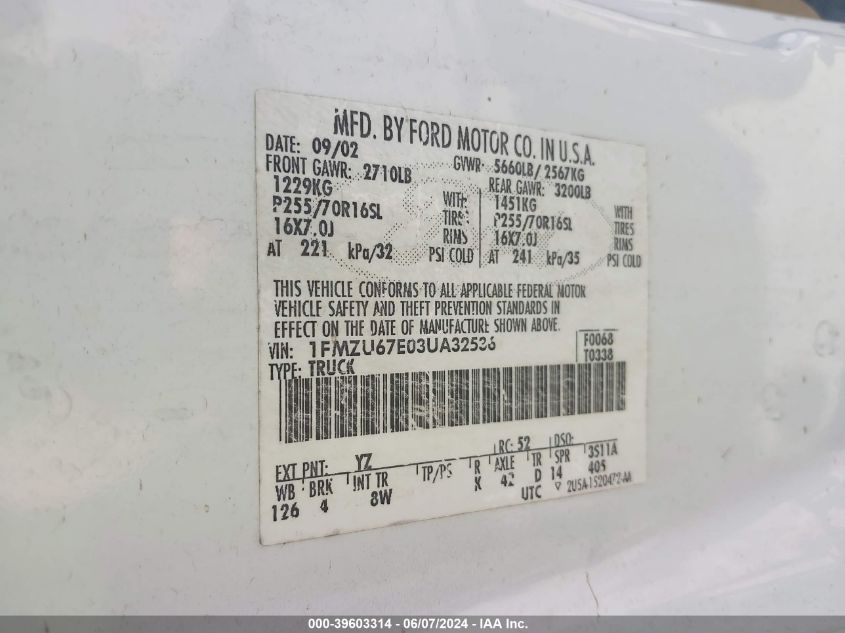 2003 Ford Explorer Sport Trac Xls/Xlt VIN: 1FMZU67E03UA32536 Lot: 39603314