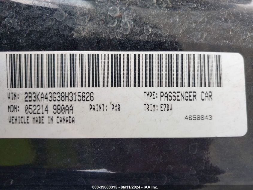 2008 Dodge Charger VIN: 2B3KA43G38H315826 Lot: 39603315