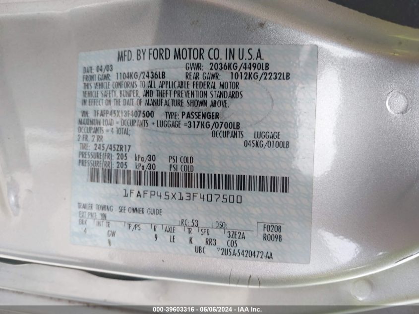 2003 Ford Mustang Gt VIN: 1FAFP45X13F407500 Lot: 39603316