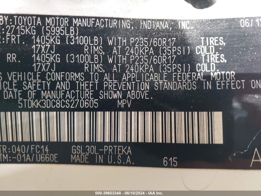 2012 Toyota Sienna Le V6 8 Passenger VIN: 5TDKK3DC8CS270605 Lot: 39603348