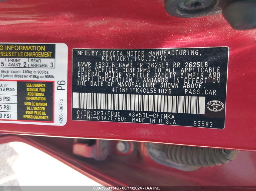 2012 Toyota Camry Le VIN: 4T1BF1FK4CU551076 Lot: 39603349