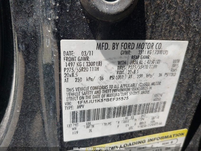 2011 Ford Expedition Limited VIN: 1FMJU1K51BEF35525 Lot: 39603353