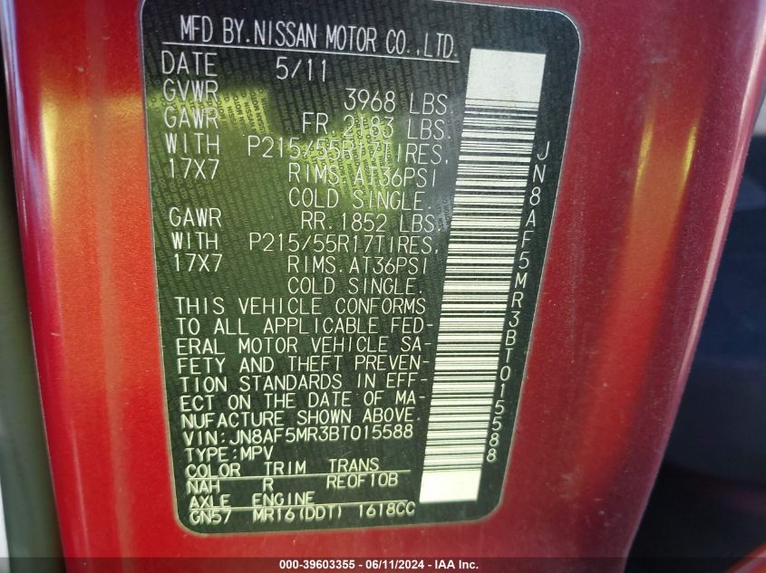 2011 Nissan Juke Sv VIN: JN8AF5MR3BT015588 Lot: 39603355