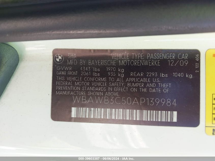 2010 BMW 328I VIN: WBAWB3C50AP139984 Lot: 39603357