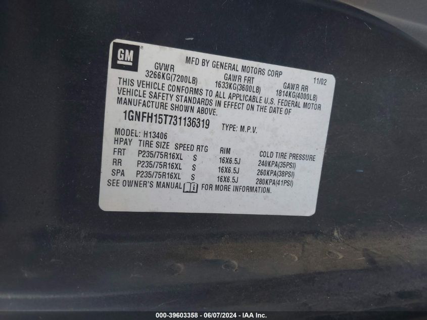 2003 Chevrolet Express VIN: 1GNFH15T731136319 Lot: 39603358