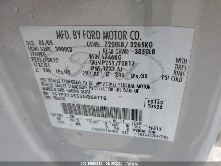 2005 Ford F-150 Fx4/Lariat/Xl/Xlt VIN: 1FTPX14555NB68118 Lot: 39603361