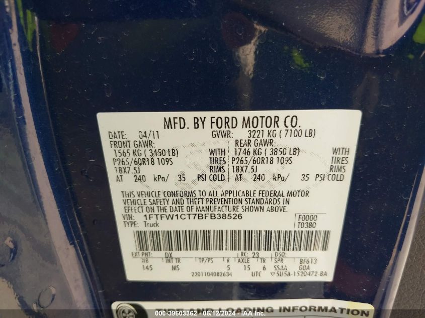 2011 Ford F-150 Xlt VIN: 1FTFW1CT7BFB38526 Lot: 39603362