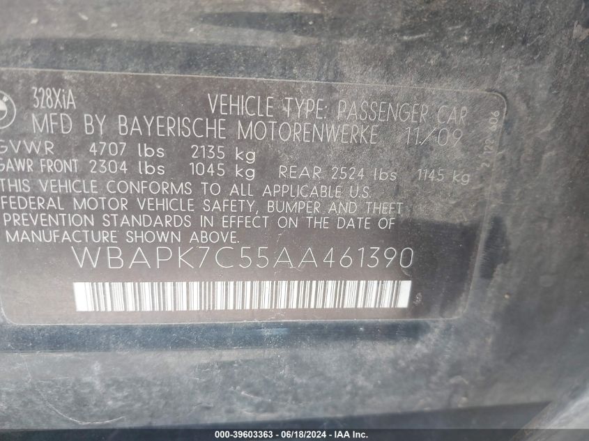 2010 BMW 328I xDrive VIN: WBAPK7C55AA461390 Lot: 39603363