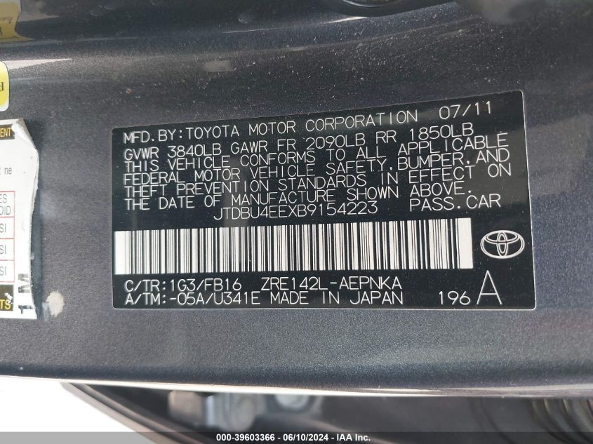 2011 Toyota Corolla Le VIN: JTDBU4EEXB9154223 Lot: 39603366