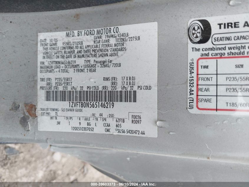 2006 Ford Mustang V6 VIN: 1ZVFT80N565146219 Lot: 39603373