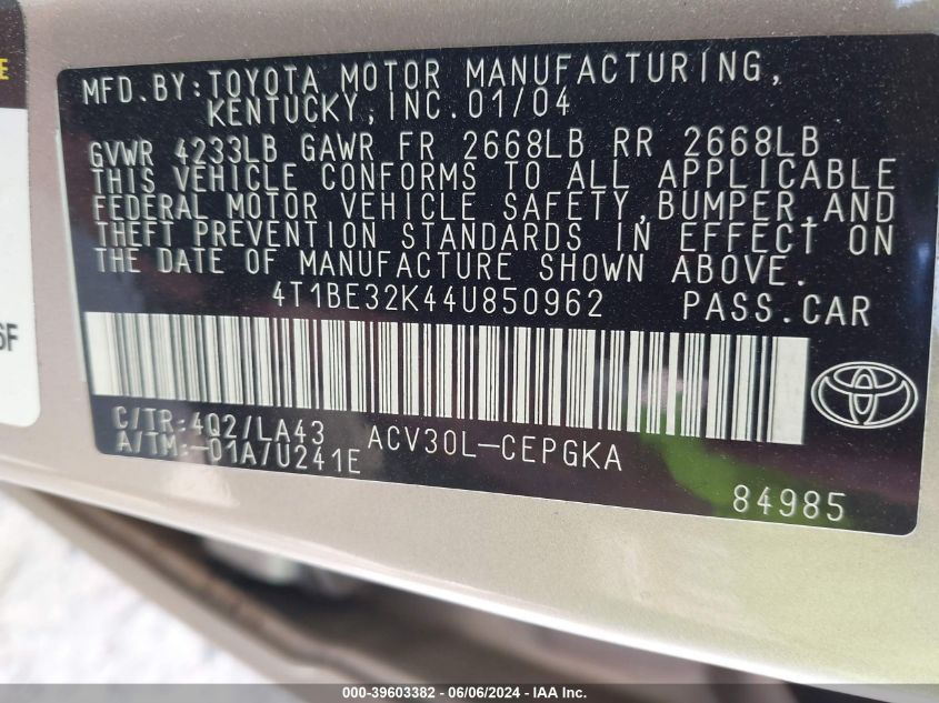2004 Toyota Camry Xle VIN: 4T1BE32K44U850962 Lot: 39603382