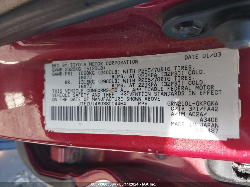 2003 Toyota 4Runner Sr5 V6 VIN: JTEZU14R038004464 Lot: 39603384