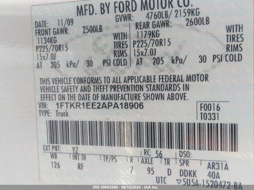 2010 Ford Ranger Sport/Xl/Xlt VIN: 1FTKR1EE2APA18906 Lot: 39603388