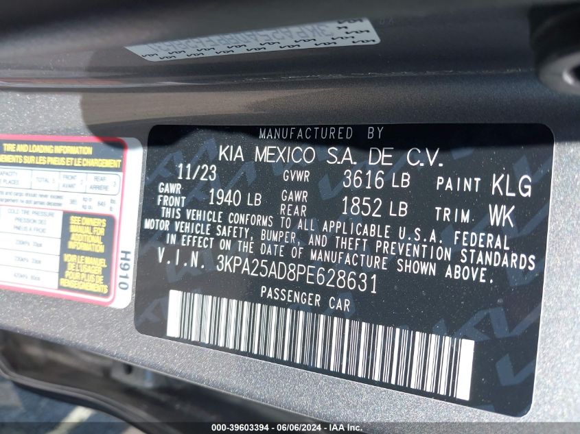 2023 Kia Rio 5-Door S VIN: 3KPA25AD8PE628631 Lot: 39603394