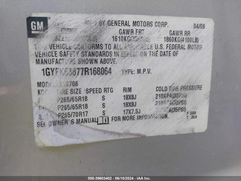 2007 Cadillac Escalade Standard VIN: 1GYFK63877R168064 Lot: 39603402
