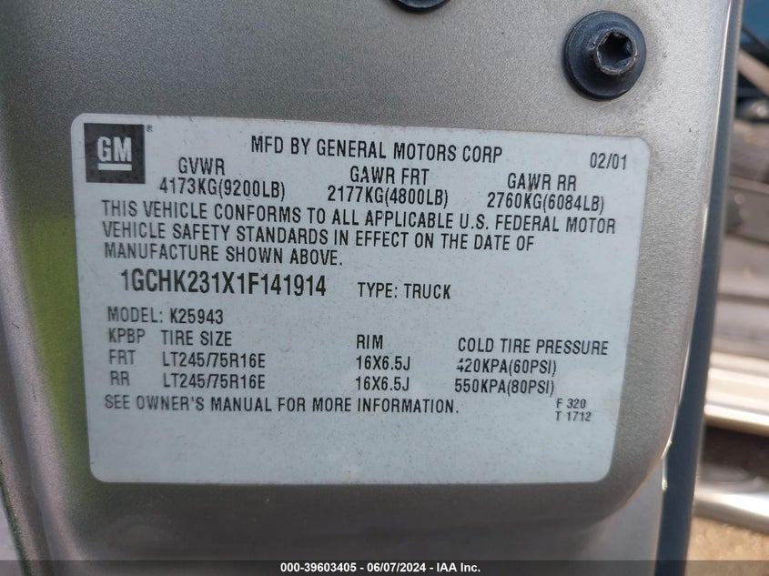 2001 Chevrolet Silverado 2500Hd Ls VIN: 1GCHK231X1F141914 Lot: 39603405