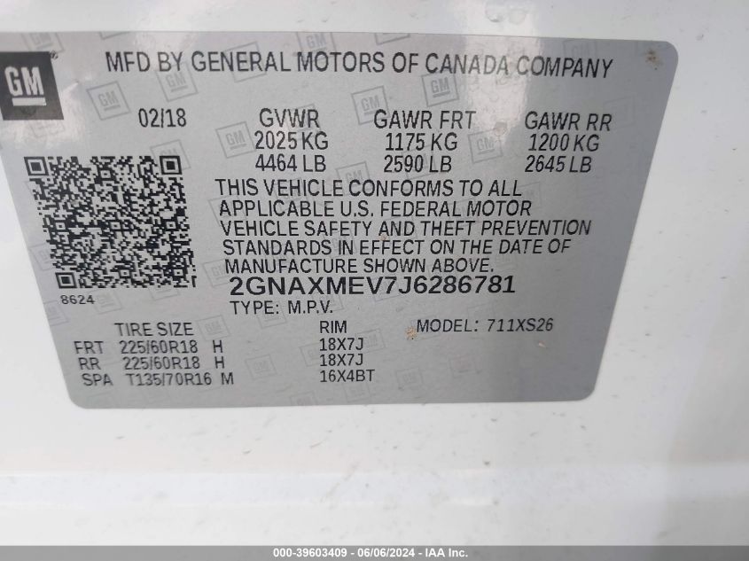 2018 Chevrolet Equinox Premier VIN: 2GNAXMEV7J6286781 Lot: 39603409