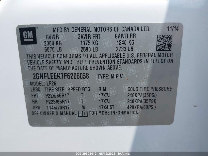 2015 Chevrolet Equinox Ls VIN: 2GNFLEEK7F6206058 Lot: 39603412