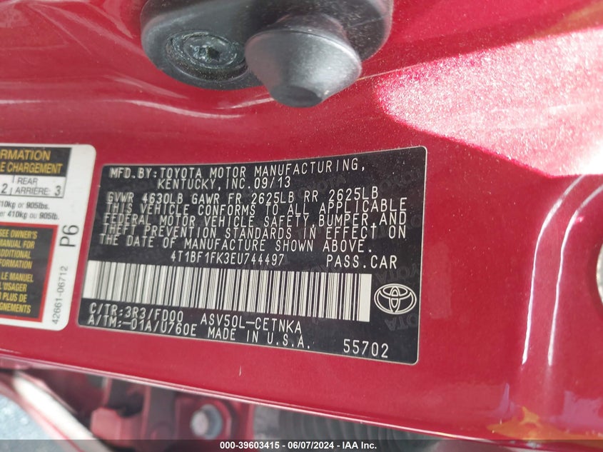 2014 Toyota Camry Le VIN: 4T1BF1FK3EU744497 Lot: 39603415