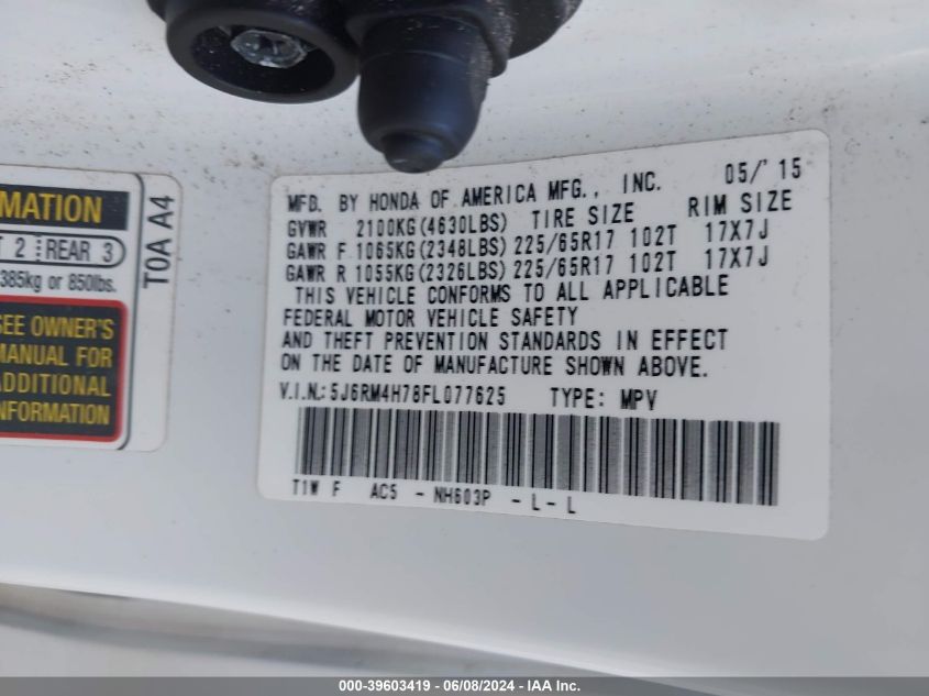 2015 Honda Cr-V Ex-L VIN: 5J6RM4H78FL077625 Lot: 39603419