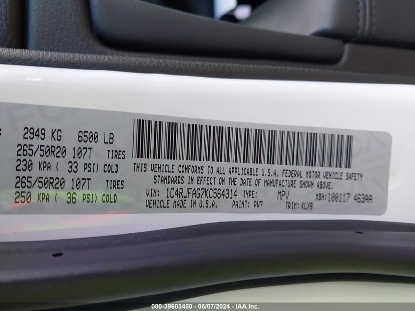 2019 Jeep Grand Cherokee Altitude 4X4 VIN: 1C4RJFAG7KC564314 Lot: 39603450