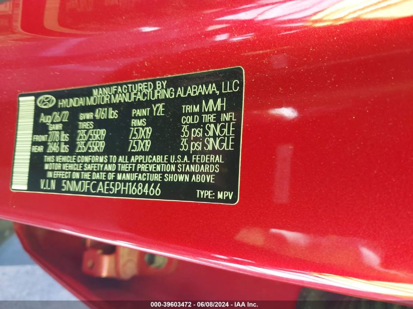 2023 Hyundai Tucson Sel VIN: 5NMJFCAE5PH168466 Lot: 39603472