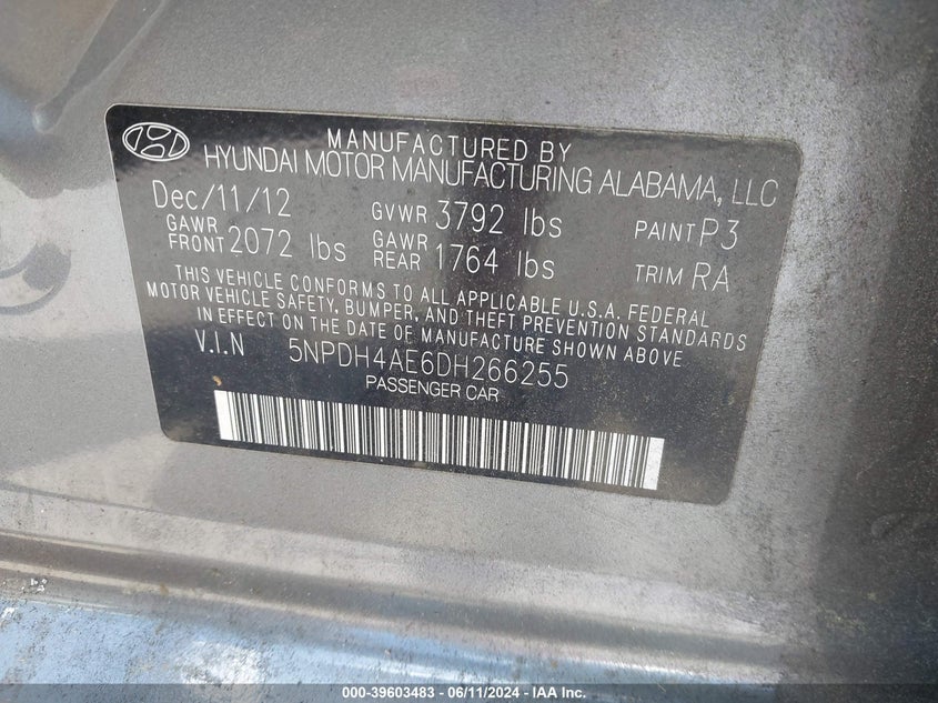 2013 Hyundai Elantra Gls VIN: 5NPDH4AE6DH266255 Lot: 39603483