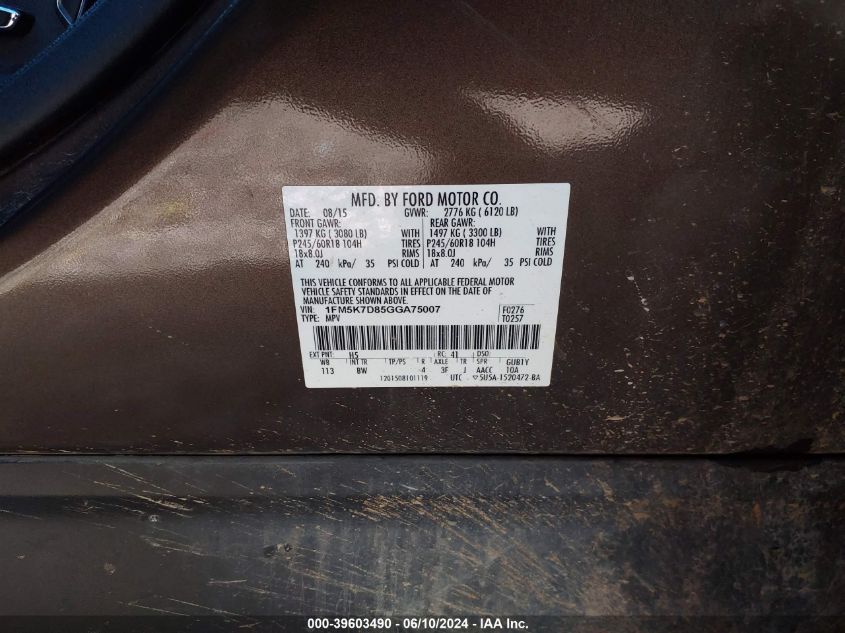 2016 Ford Explorer Xlt VIN: 1FM5K7D85GGA75007 Lot: 39603490