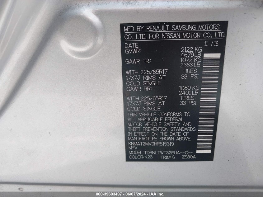 2017 Nissan Rogue Sv VIN: KNMAT2MV9HP515319 Lot: 39603497