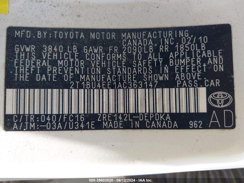 2010 Toyota Corolla Le VIN: 2T1BU4EE1AC363147 Lot: 39603520