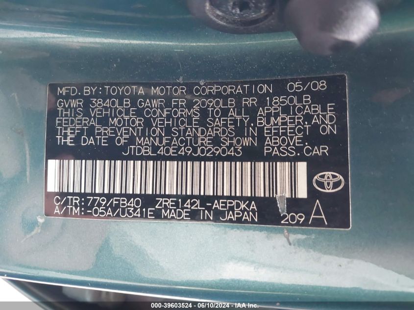 2009 Toyota Corolla Le VIN: JTDBL40E49J029043 Lot: 39603524