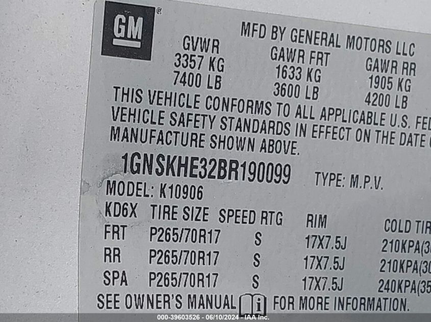 2011 Chevrolet Suburban 1500 Ls VIN: 1GNSKHE32BR190099 Lot: 39603526