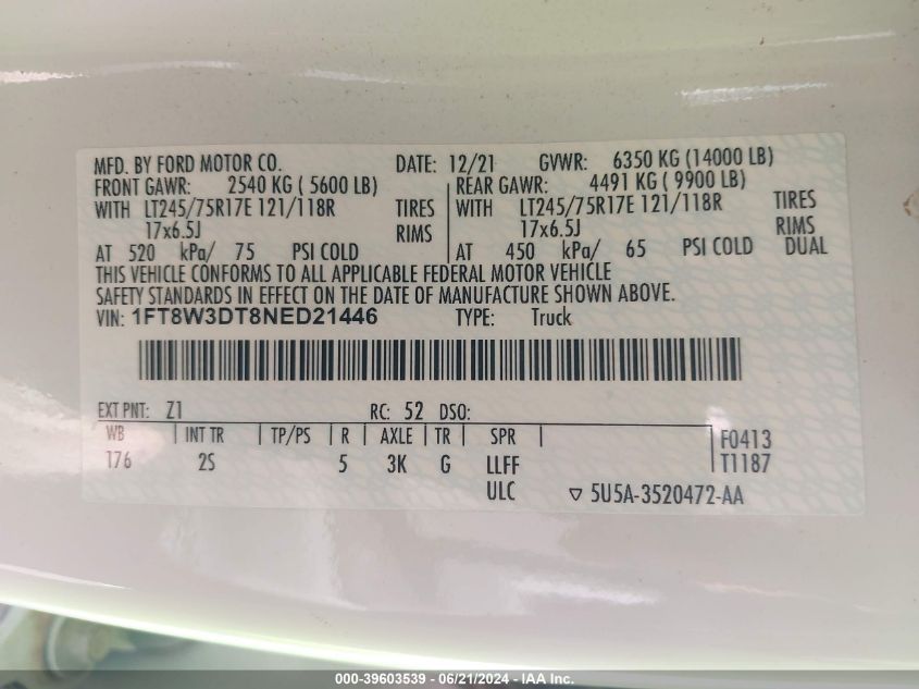 2022 Ford F-350 Xlt VIN: 1FT8W3DT8NED21446 Lot: 39603539