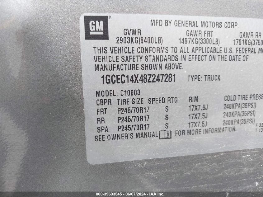2008 Chevrolet Silverado 1500 Work Truck VIN: 1GCEC14X48Z247281 Lot: 39603545