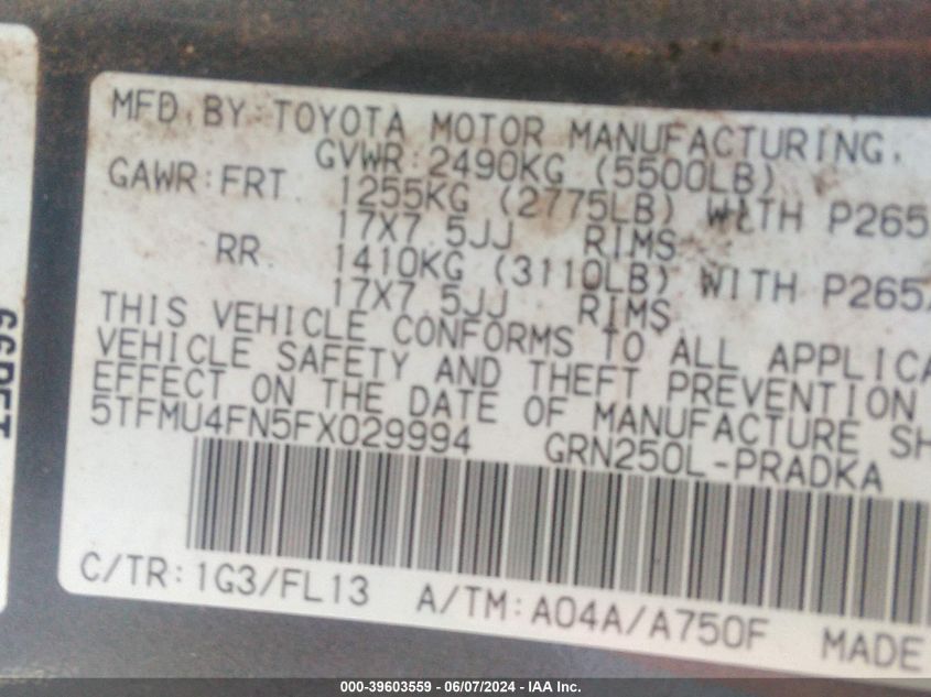 2015 Toyota Tacoma Base V6 VIN: 5TFMU4FN5FX029994 Lot: 39603559