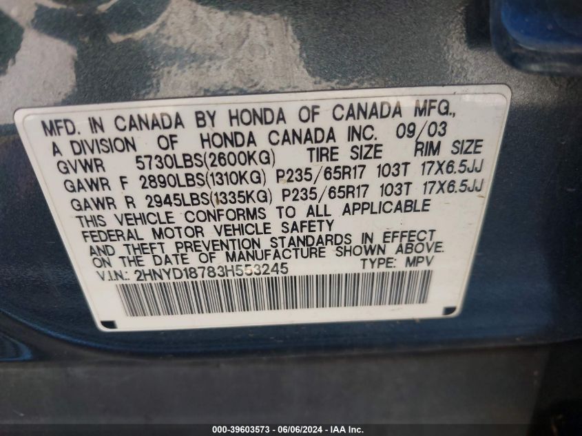 2003 Acura Mdx VIN: 2HNYD18783H553245 Lot: 39603573