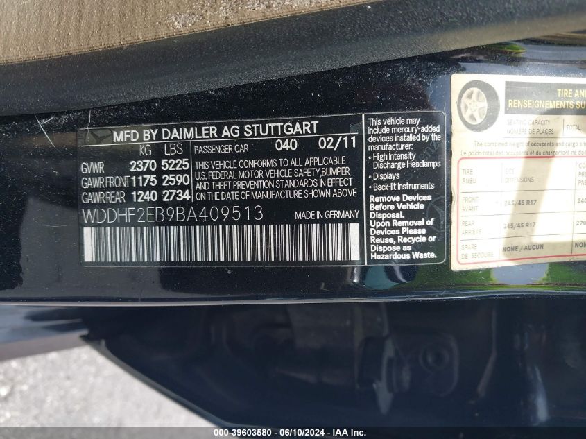 2011 Mercedes-Benz E 350 Bluetec VIN: WDDHF2EB9BA409513 Lot: 39603580