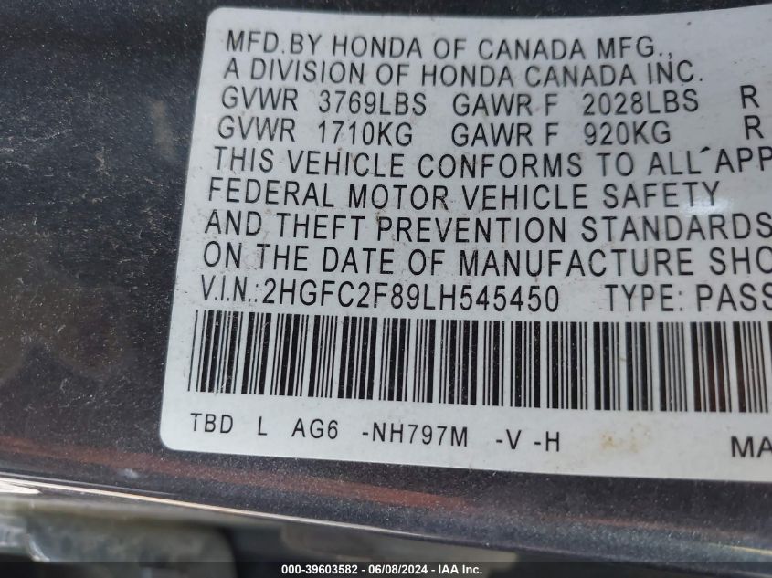 2020 Honda Civic Sport VIN: 2HGFC2F89LH545450 Lot: 39603582