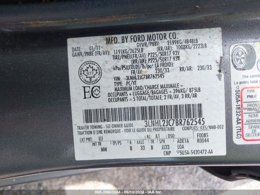 2011 Lincoln Mkz VIN: 3LNHL2JC7BR762545 Lot: 39603584